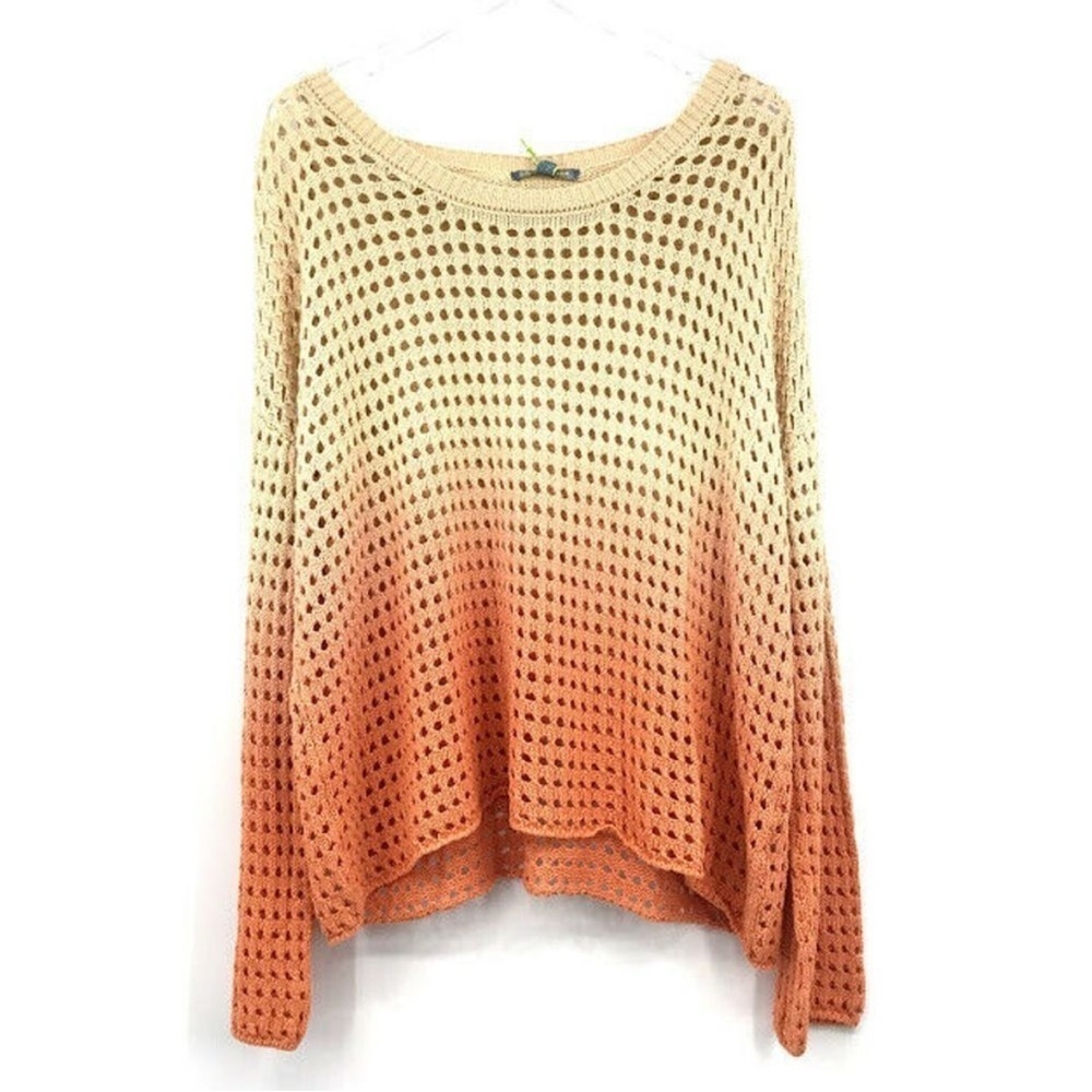 Good Luck Gem | Orange Ombré Open Knit Stitch Long Sleeve Pullover Sweater XL